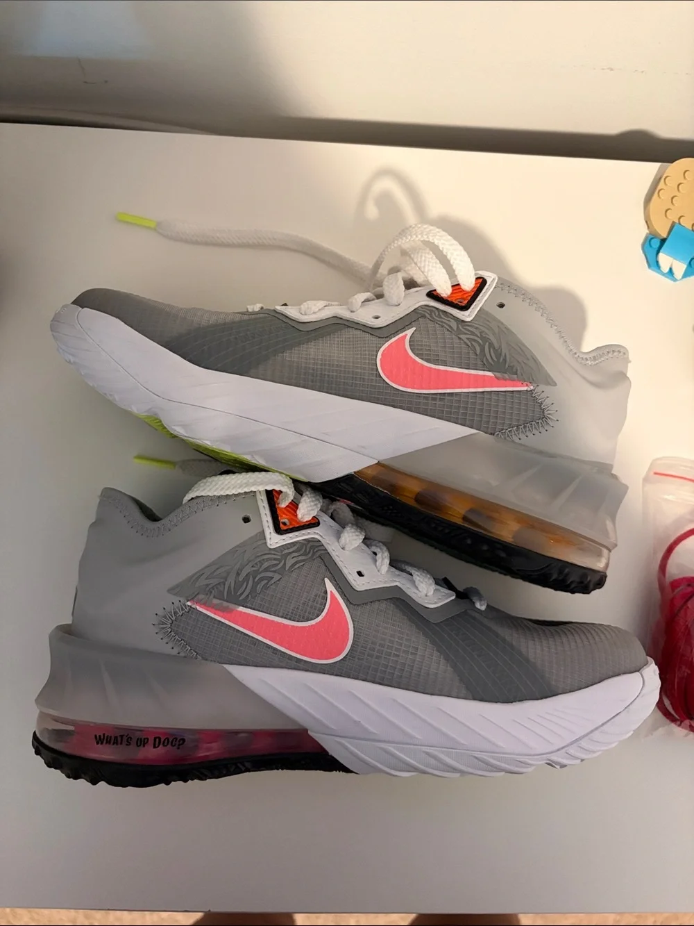 Nike Kids Grey Sneakers with Pink Swoosh and Neon Accents